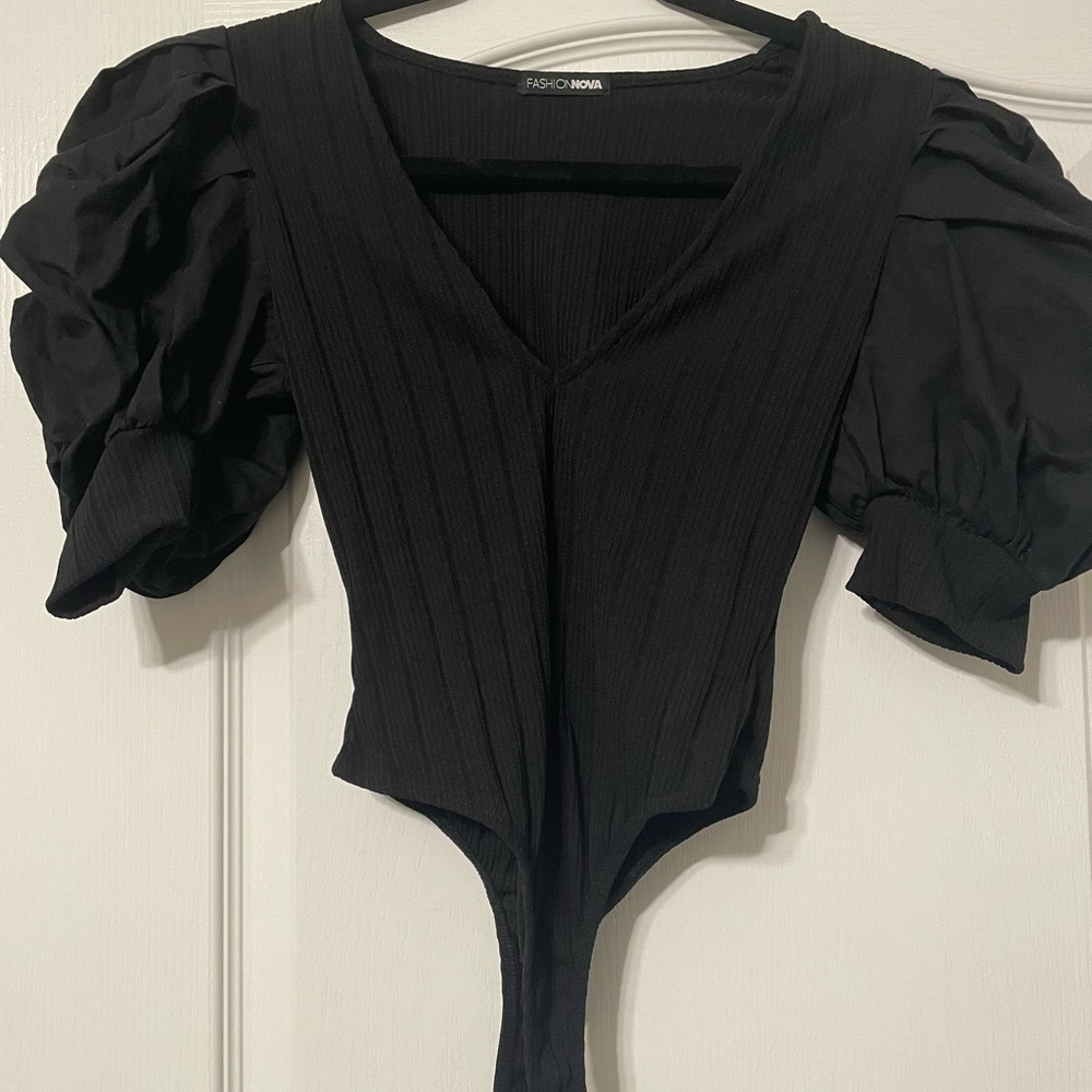 Fashion Nova Black Puff Sleeve Bodysuit